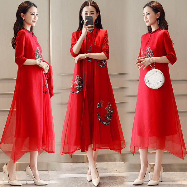 CNY Linen Embroidery Dress Coat