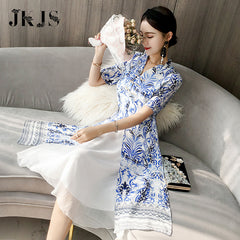 CNY Ethnic Floral Printed Split Hem Cheongsam Dress [Pre-Order] Color: Blue - Size: S-XL 572904937742#3903343786883 572904937742#3899646498599 572904937742#3899646498600 572904937742#3899646498601