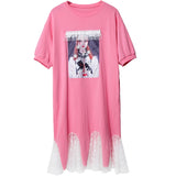 Oversize Graphic Printed Irregular Lace Hem Dress