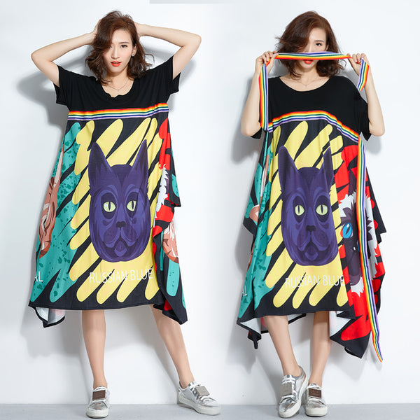 Oversize Irregular Abstract Printed Dress [Pre-Order] Color: Black/Blue - One Size 568259595012#3724242932652