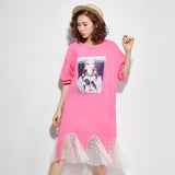 Oversize Graphic Printed Irregular Lace Hem Dress