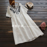 Linen Embroidery V-Neck Midi Dress 569057124210#3649758368676