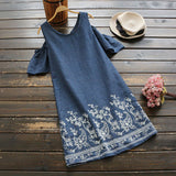 Off Shoulder Embroidery Denim Dress