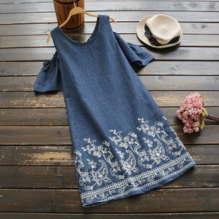 Off Shoulder Embroidery Denim Dress
