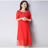 CNY Ethnic Style Chiffon Cheongsam Dress [Pre-Order] Color: White/Red - Size: M-XL
