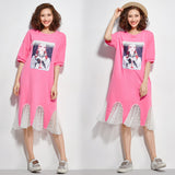 Oversize Graphic Printed Irregular Lace Hem Dress
