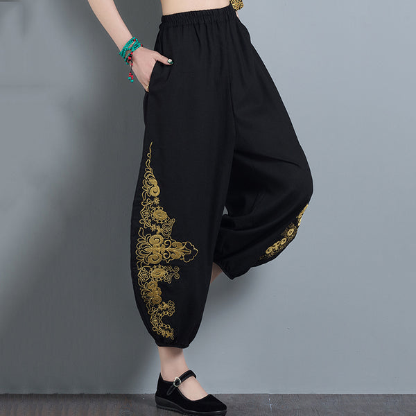 CNY Retro Embroidery Elastic Waist Pants