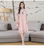 CNY Ethnic Style Embroidery Cheongsam Dress [Pre-Order] Color: Blue/Pink - Size: M-2XL