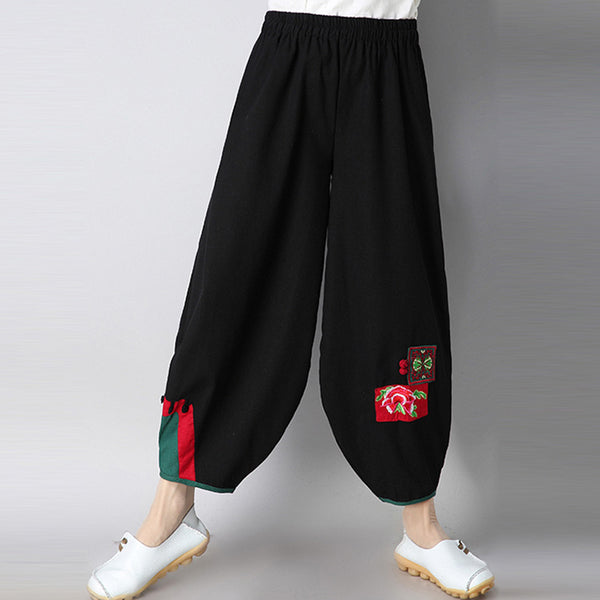 CNY Retro Embroidery Elastic Waist Pants [Pre-Order] Color: Black - Size: M-XL 565819496007#3590613305123 565819496007#3590613305122 565819496007#3590613305121