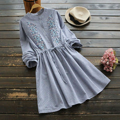 Embroidery Stripe Lattice Tie Dress