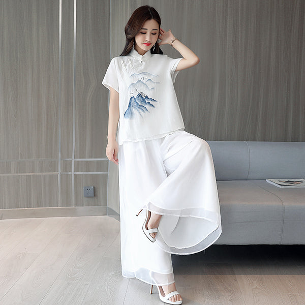 CNY Linen Pants & Cotton Embroidery Top Sets