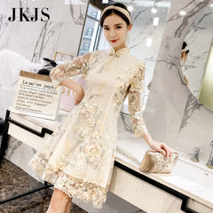 CNY Ethnic Floral Embroidered Cheongsam Dress [Pre-Order] Color: Beige - Size: S-L 564598948155#3571657925280