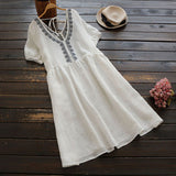 Linen Embroidery V-Neck Midi Dress