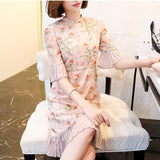 CNY Ethnic Style Pleated Hem Cheongsam Dress [Pre-Order] Color: Pink - Size: S-L