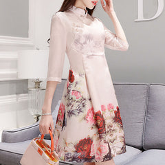 CNY Ethnic Floral Printed Cheongsam Dress