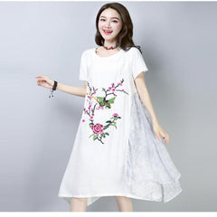 CNY Ethnic Style Embroidery Cheongsam Dress [Pre-Order] Color: White/Gray - Size: M-XL