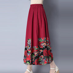 CNY Retro Print Elastic Waist Long Skirts