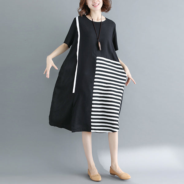 Plus-Size B&W Horizontal Stripes Dress 571996899240#3709324380831 571996899240#3709324380833 571996899240#3709324380832 571996899240#3709324380834