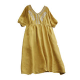 Linen Embroidery V-Neck Midi Dress