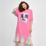 Oversize Graphic Printed Irregular Lace Hem Dress