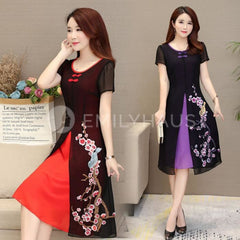 Cny Embroidered Split Hem Cheongsam Dress [Pre-Order] Color: Purple/red - Size: Xl-5Xl Dresses