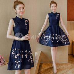 Cny Embroidery Flare Hem Cheongsam Dress [Pre-Order] Color: Pink/navy/blue/white - Size: S-2Xl