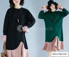 Contrast Long Sleeve Sweat Dresses [Pre-Order] Color: Black/green - Size: L-2Xl