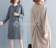 Detail Back Pleated Long Sleeved Dress [Pre-Order] Color: Black/gray/beige - One Size Dresses