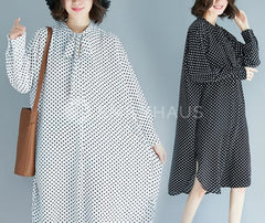 Dotted Chiffon Dress With Neckline Knot [Pre-Order] Color: Black/white - One Size Dresses