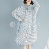 Dotted Chiffon Dress With Neckline Knot [Pre-Order] Color: Black/white - One Size / White Dresses