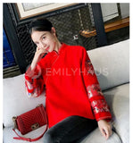 Embroidered Fit & Flare Sleeves Cheongsam [Pre-Order] Color: Red/beige - Size: S-Xl Tops