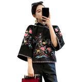 Embroidered Flare Sleeve Cheongsam Tops [Pre-Order] Color: Black - Size: S-Xl