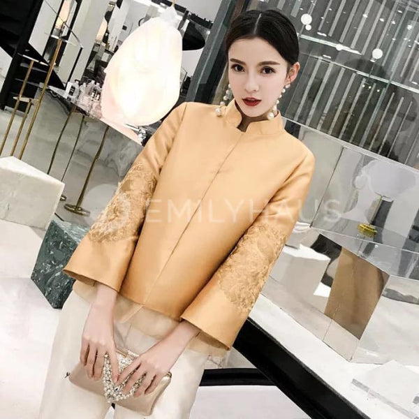 Embroidered Flare Sleeves Cheongsam Tops [Pre-Order] Color: Yellow - Size: S-Xl