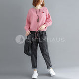 Embroidered Long-Sleeved With Drawstring Hem [Pre-Order] Color: Red/black - Size: M-Xl M / Red Tops