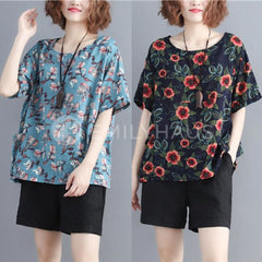 Floral Printed Top [Pre-Order] Color: Green/blue - One Size / Blue Tops