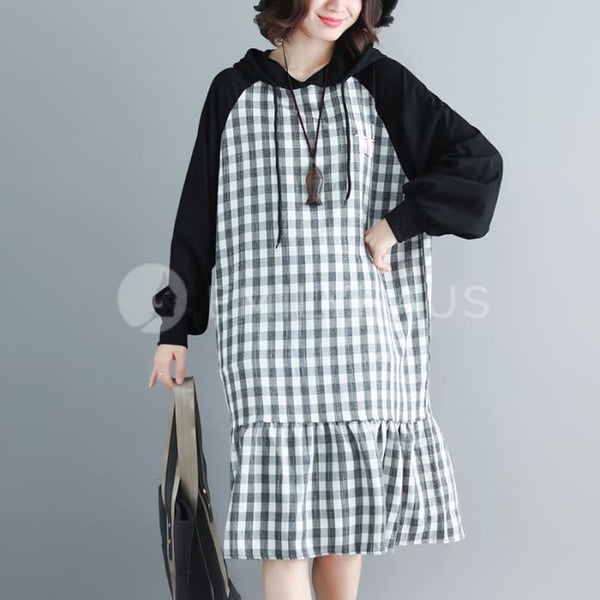 Hooded Checkered Ruffled Hem Dress [Pre-Order] Color: Black - One Size Dresses
