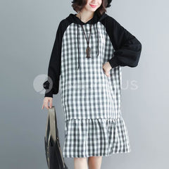 Hooded Checkered Ruffled Hem Dress [Pre-Order] Color: Black - One Size Dresses