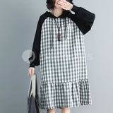 Hooded Checkered Ruffled Hem Dress [Pre-Order] Color: Black - One Size Dresses