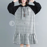 Hooded Checkered Ruffled Hem Dress [Pre-Order] Color: Black - One Size Dresses