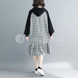 Hooded Checkered Ruffled Hem Dress [Pre-Order] Color: Black - One Size Dresses