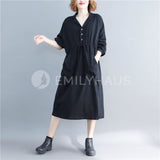 Long Sleeve Dress With Drawstring Waist Pocket [Pre-Order] Color: Beige/black - One Size / Black