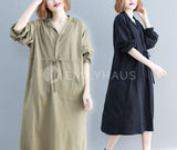 Long Sleeve Dress With Drawstring Waist Pocket [Pre-Order] Color: Beige/black - One Size Dresses