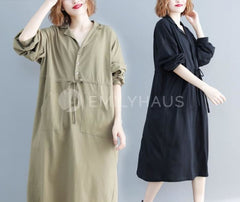 Long Sleeve Dress With Drawstring Waist Pocket [Pre-Order] Color: Beige/black - One Size Dresses