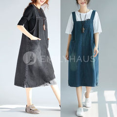 Overall Denim Strap Dresses [Pre-Order] Color: Black/blue - Size: L-2Xl