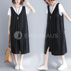 Overall Stripes Hem Dresses [Pre-Order] Color: Black - Size: L-Xl L /