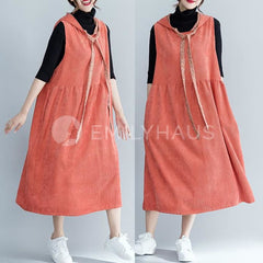Oversized Corduroy Hooded Drawstring Dress [Pre-Order] Color: Orange - Size: M-2Xl Dresses