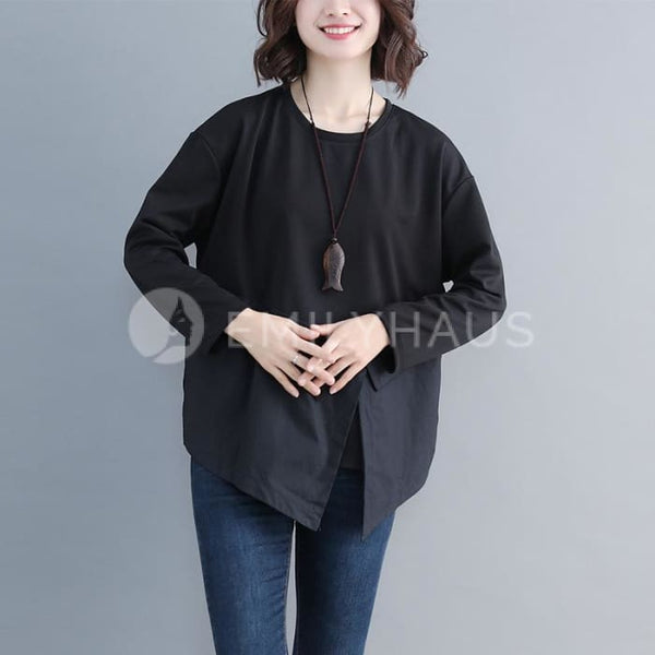 Oversized Irregular Split Hem Top [Pre-Order] Color: Black/white - One Size / Black Tops