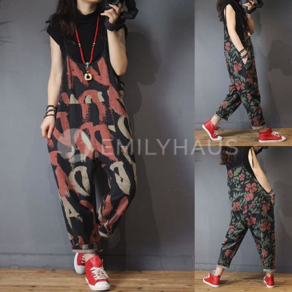 Oversized Letter Print Jumpsuits [Pre-Order] Color: Black - One Size Playsuits &