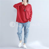 Oversized Long-Sleeved Patch Pocket Top [Pre-Order] Color: Red/yellow/black - One Size / Red Tops