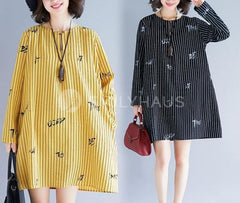 Oversized Long-Sleeved Stripe Dress [Pre-Order] Color: Yellow/black - Size: L-Xl Dresses